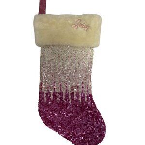 Juicy Couture Pink White Sequin Christmas Stocking Faux Fur Cuff Embroidered EUC